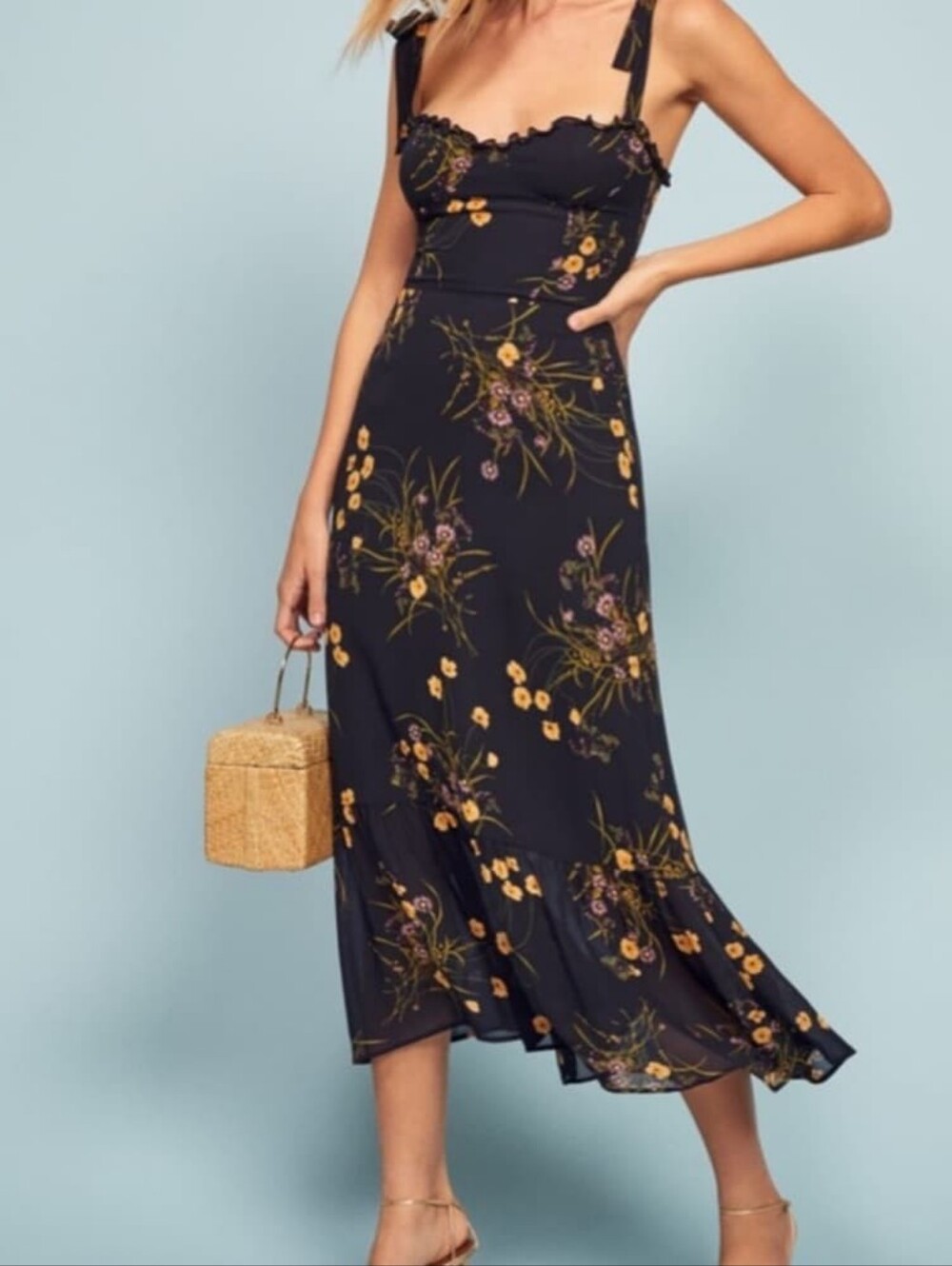 Reformation Navy Floral Maxi Dress with Tie Straps Size 4